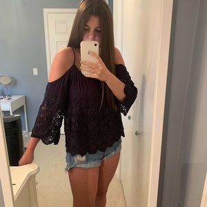 open shoulder lace top